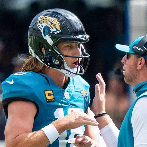 Trevor Lawrence waves off coach Liam Coen during Jaguars loss to Bengals